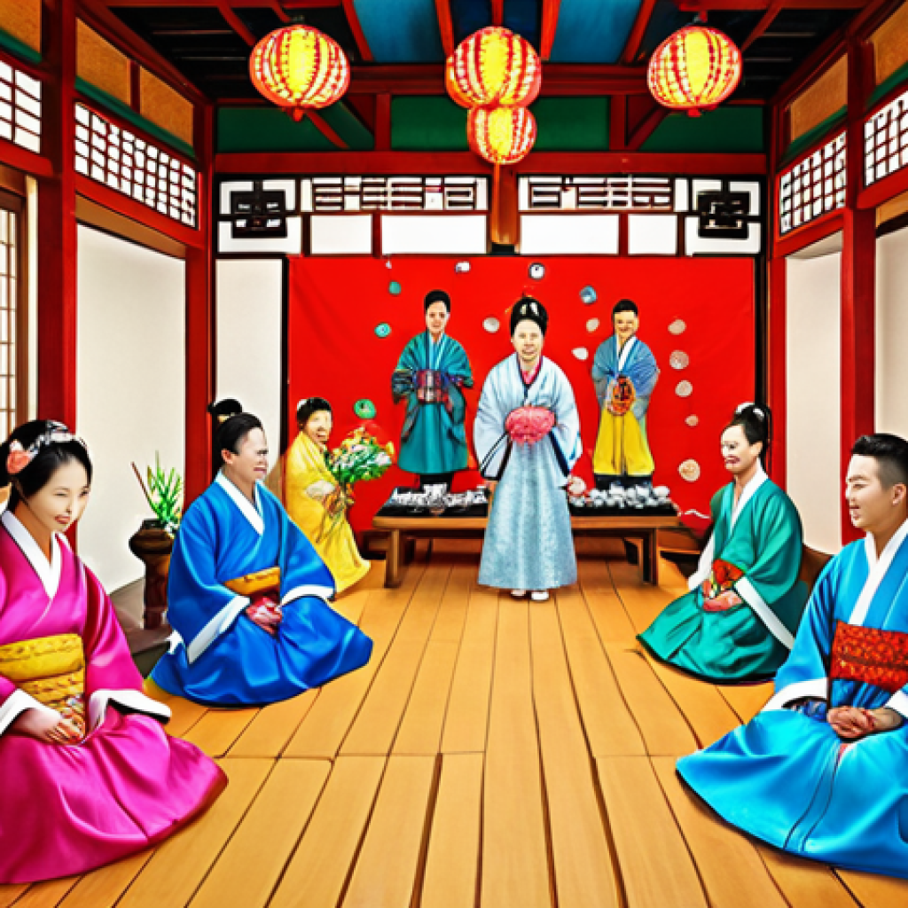 A vibrant, colorful illustration depicting a traditional Korean wedding ceremony on a "lucky day" (gilil), with emphasis on the joy and celebration of the couple and their families, incorporating elements of Korean shamanistic beliefs and symbolism.