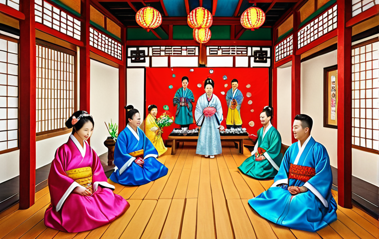 A vibrant, colorful illustration depicting a traditional Korean wedding ceremony on a "lucky day" (gilil), with emphasis on the joy and celebration of the couple and their families, incorporating elements of Korean shamanistic beliefs and symbolism.