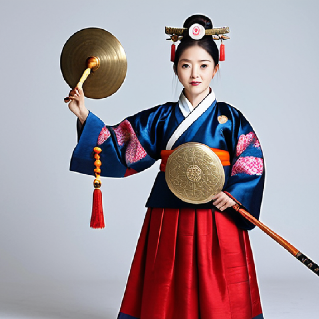 A professional Korean shaman in a dignified, modest traditional "hanbok" (traditional Korean clothing), holding a large brass 'jing' (gong) with a decorated mallet. The setting is a brightly lit, clean traditional Korean ritual space, adorned with understated cultural elements. The atmosphere is profoundly spiritual and respectful, highlighting the grandeur and symbolic importance of the jing. The subject is fully clothed, appropriate attire, safe for work, family-friendly, perfect anatomy, correct proportions, natural pose, well-formed hands, proper finger count, natural body proportions, professional photography, cinematic lighting, ultra detailed, high quality.