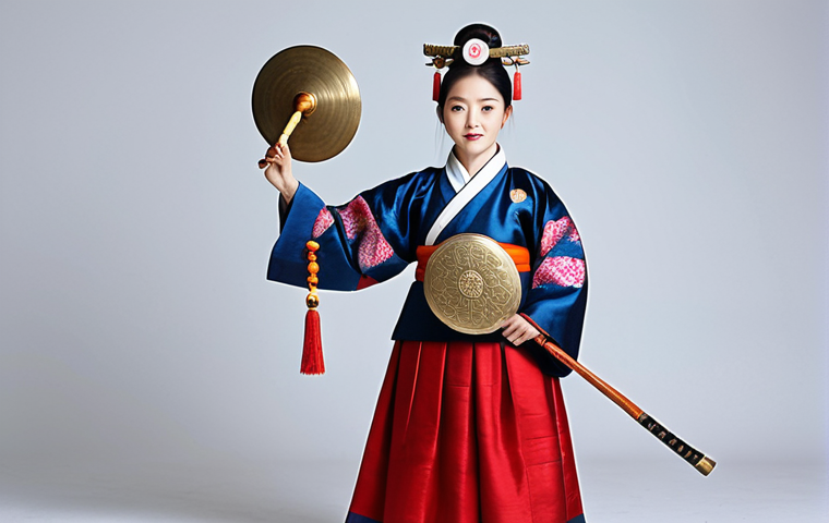 A professional Korean shaman in a dignified, modest traditional "hanbok" (traditional Korean clothing), holding a large brass 'jing' (gong) with a decorated mallet. The setting is a brightly lit, clean traditional Korean ritual space, adorned with understated cultural elements. The atmosphere is profoundly spiritual and respectful, highlighting the grandeur and symbolic importance of the jing. The subject is fully clothed, appropriate attire, safe for work, family-friendly, perfect anatomy, correct proportions, natural pose, well-formed hands, proper finger count, natural body proportions, professional photography, cinematic lighting, ultra detailed, high quality.