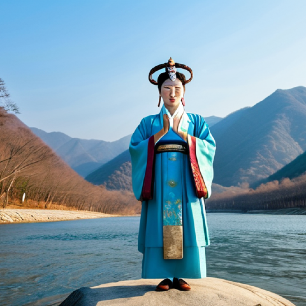 A majestic Korean shamanic deity, embodying the spirit of creation and order, standing amidst a breathtaking landscape where towering mountains meet a vast, calm river under a clear sky. The deity is adorned in flowing, modest traditional Korean spiritual attire, with hands gracefully gesturing to symbolize harmony and balance. The scene is illuminated by soft, ethereal light. Full shot, professional photography, high detail, perfect anatomy, correct proportions, natural pose, well-formed hands, proper finger count, natural body proportions, fully clothed, modest clothing, appropriate attire, professional dress, safe for work, appropriate content, family-friendly.