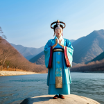 A majestic Korean shamanic deity, embodying the spirit of creation and order, standing amidst a breathtaking landscape where towering mountains meet a vast, calm river under a clear sky. The deity is adorned in flowing, modest traditional Korean spiritual attire, with hands gracefully gesturing to symbolize harmony and balance. The scene is illuminated by soft, ethereal light. Full shot, professional photography, high detail, perfect anatomy, correct proportions, natural pose, well-formed hands, proper finger count, natural body proportions, fully clothed, modest clothing, appropriate attire, professional dress, safe for work, appropriate content, family-friendly.