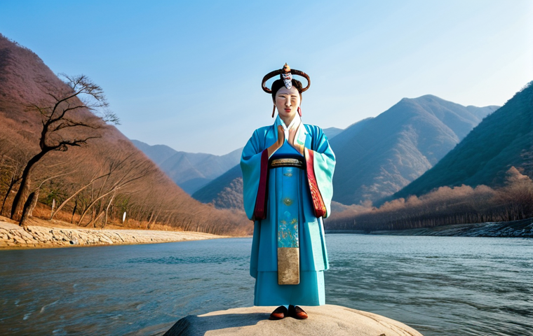 A majestic Korean shamanic deity, embodying the spirit of creation and order, standing amidst a breathtaking landscape where towering mountains meet a vast, calm river under a clear sky. The deity is adorned in flowing, modest traditional Korean spiritual attire, with hands gracefully gesturing to symbolize harmony and balance. The scene is illuminated by soft, ethereal light. Full shot, professional photography, high detail, perfect anatomy, correct proportions, natural pose, well-formed hands, proper finger count, natural body proportions, fully clothed, modest clothing, appropriate attire, professional dress, safe for work, appropriate content, family-friendly.