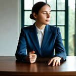 A professional adult woman, fully clothed in a modest, contemporary business suit, is seated in a calm, minimalist study. Her natural pose is contemplative, with one hand gently resting on a table where a single, symbolic, neatly untangled thread sits, representing clarity and problem-solving. The background features subtle, blurred elements of nature visible through a large window, suggesting inner peace amidst external complexity. The lighting is soft and inviting, highlighting a sense of thoughtful reflection. perfect anatomy, correct proportions, natural pose, well-formed hands, proper finger count, natural body proportions, professional photography, high resolution, detailed, safe for work, appropriate content, fully clothed, professional dress, modest clothing.