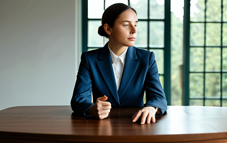 A professional adult woman, fully clothed in a modest, contemporary business suit, is seated in a calm, minimalist study. Her natural pose is contemplative, with one hand gently resting on a table where a single, symbolic, neatly untangled thread sits, representing clarity and problem-solving. The background features subtle, blurred elements of nature visible through a large window, suggesting inner peace amidst external complexity. The lighting is soft and inviting, highlighting a sense of thoughtful reflection. perfect anatomy, correct proportions, natural pose, well-formed hands, proper finger count, natural body proportions, professional photography, high resolution, detailed, safe for work, appropriate content, fully clothed, professional dress, modest clothing.