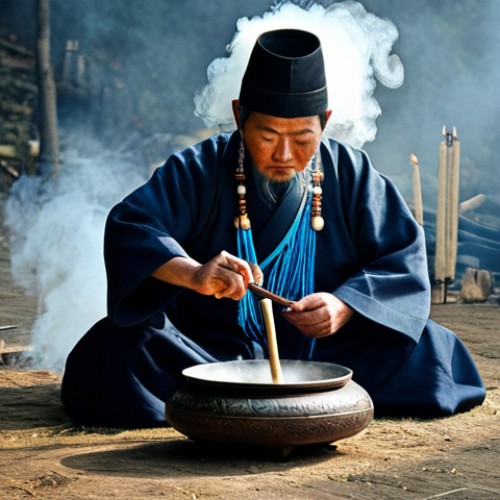 Cleansing Ritual**

"A shaman performing a cleansing ritual (bujeonggeori) with traditional Korean instruments (gonggwaari and buk), fully clothed in modest shamanic attire, safe for work, appropriate content, perfect anatomy, natural proportions, family-friendly, candles lit, smoke rising, peaceful expression, professional photography, high quality."

**
