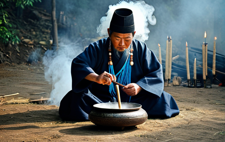 Cleansing Ritual**

"A shaman performing a cleansing ritual (bujeonggeori) with traditional Korean instruments (gonggwaari and buk), fully clothed in modest shamanic attire, safe for work, appropriate content, perfect anatomy, natural proportions, family-friendly, candles lit, smoke rising, peaceful expression, professional photography, high quality."

**