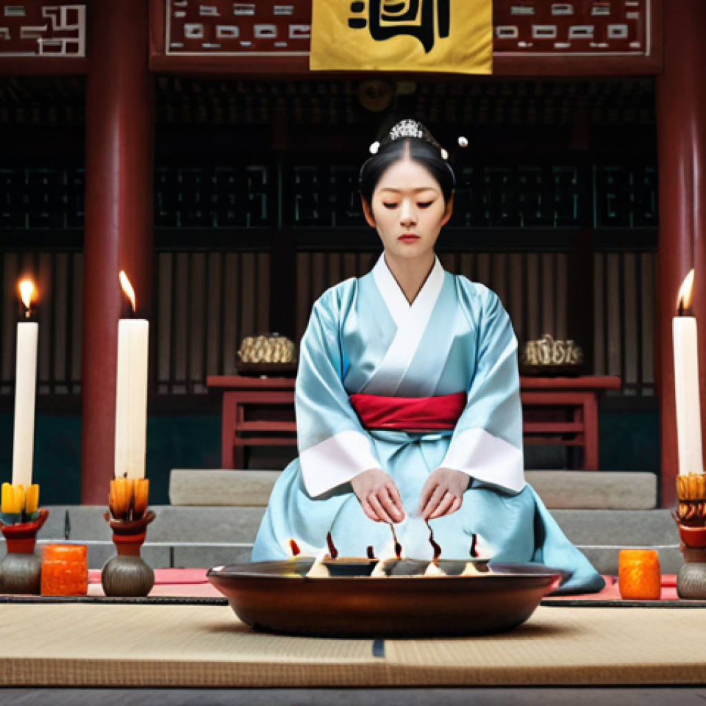 Woman Performing Ritual (Safe & Professional)**

"A woman in traditional Korean clothing, fully clothed and modest, performing a ritual ceremony in a temple setting, surrounded by candles and offerings, focused expression, safe for work, appropriate content, professional, perfect anatomy, natural proportions, high quality, family-friendly."

**