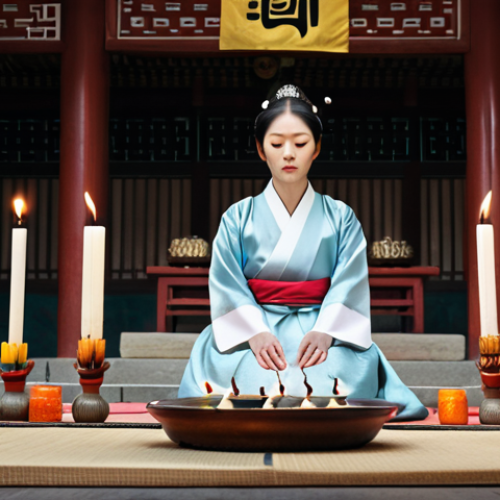 Woman Performing Ritual (Safe & Professional)**

"A woman in traditional Korean clothing, fully clothed and modest, performing a ritual ceremony in a temple setting, surrounded by candles and offerings, focused expression, safe for work, appropriate content, professional, perfect anatomy, natural proportions, high quality, family-friendly."

**