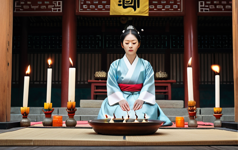 Woman Performing Ritual (Safe & Professional)**

"A woman in traditional Korean clothing, fully clothed and modest, performing a ritual ceremony in a temple setting, surrounded by candles and offerings, focused expression, safe for work, appropriate content, professional, perfect anatomy, natural proportions, high quality, family-friendly."

**